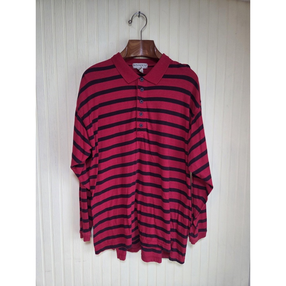 Nuovo Jeanswear Polo Shirt Mens XL Red Black Striped Long Sleeve Collared Casual - Picture 2 of 6